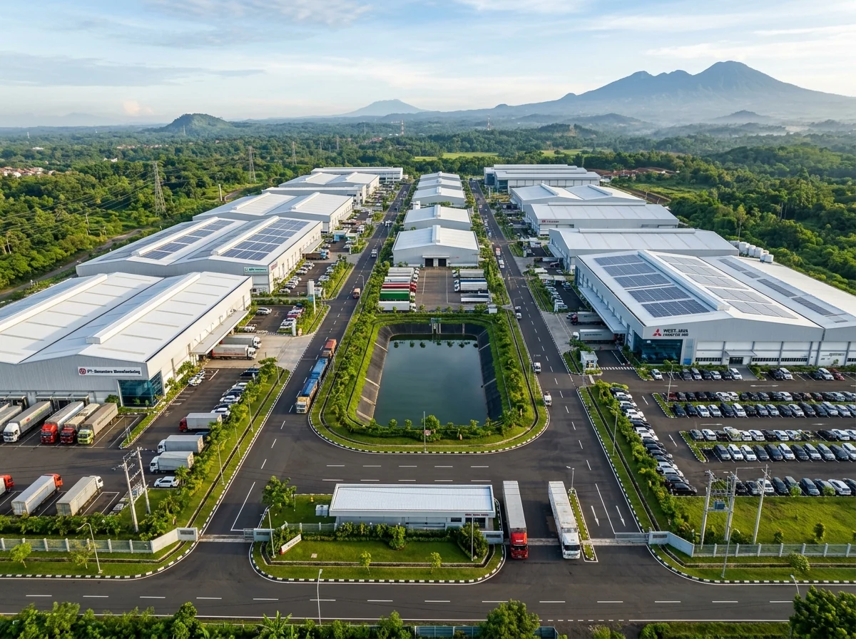 Foto udara lanskap kawasan industri dan logistik manufaktur modern di Jawa Barat
